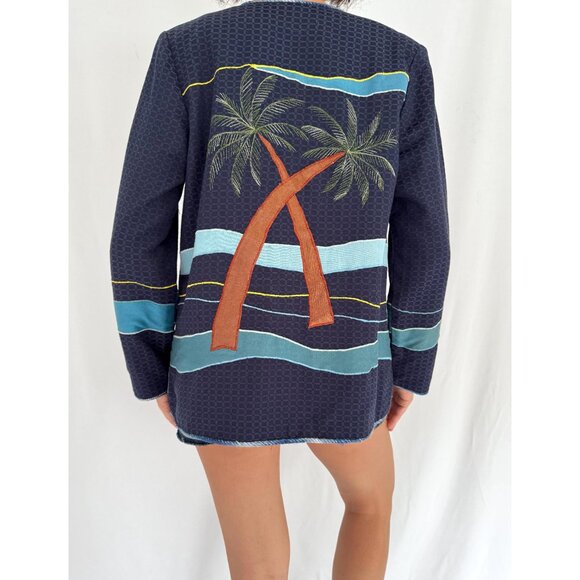 90s vintage blue novelty tropical bird vacation embroidered patchwork jacket - Picture 7 of 10